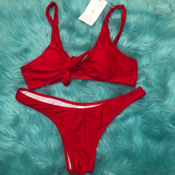 red tie front bikini top